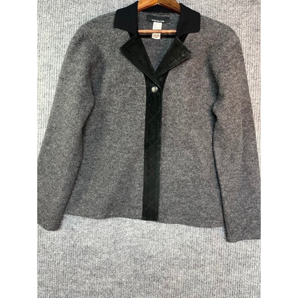 Jones New York Womens Gray 100% Wool Leather Trim Quilt Button Cardigan Jacket M